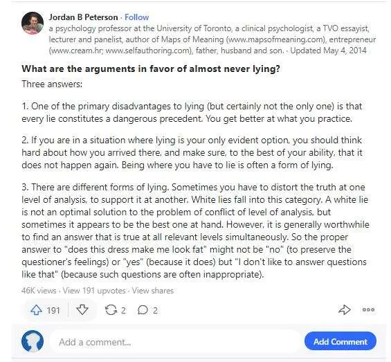 Jordan Petersons Quora antwoord op zaak ten gunste van nooit liegen Jordan Petersons Quora antwoord op zaak ten gunste van nooit liegen