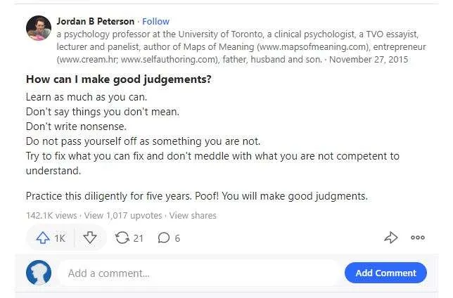 Jordan Petersons Quora antwoord over het maken van een goed oordeel Jordan Petersons Quora antwoord over het maken van een goed oordeel