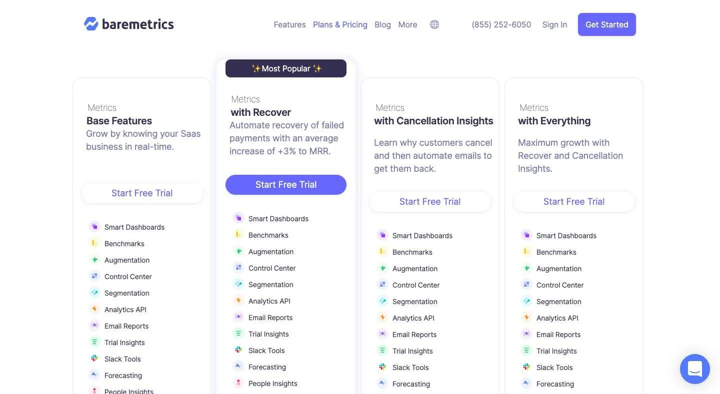 forfaits et tarifs baremetrics