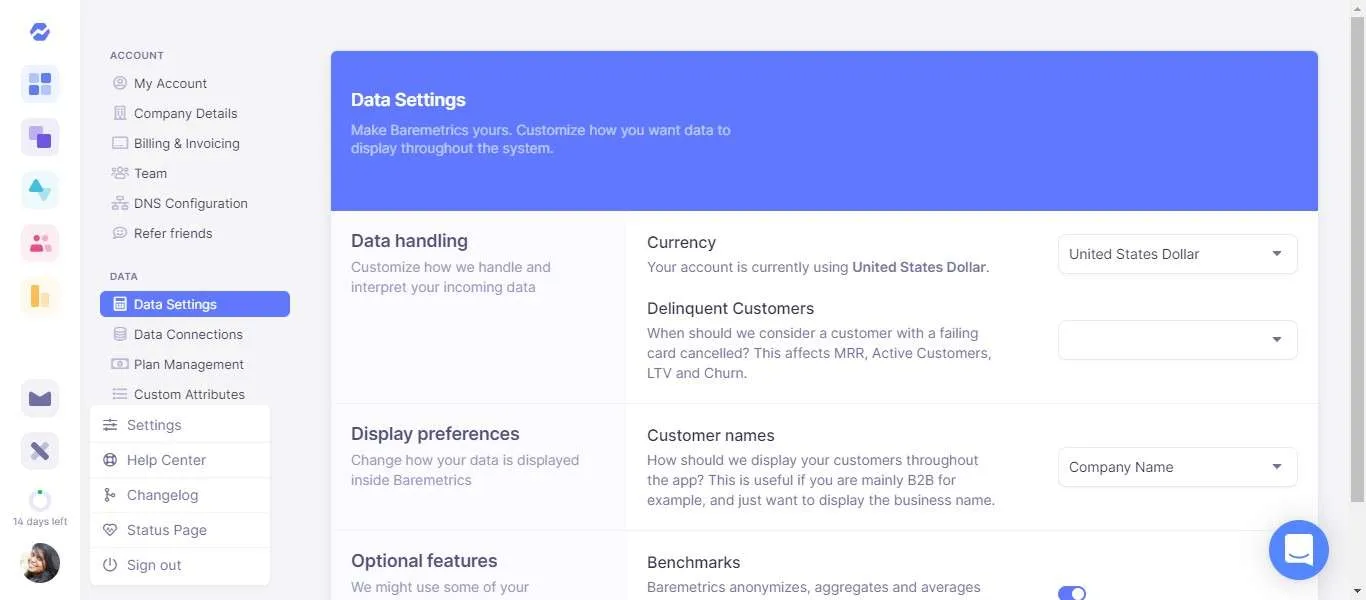 paramètres baremetrics