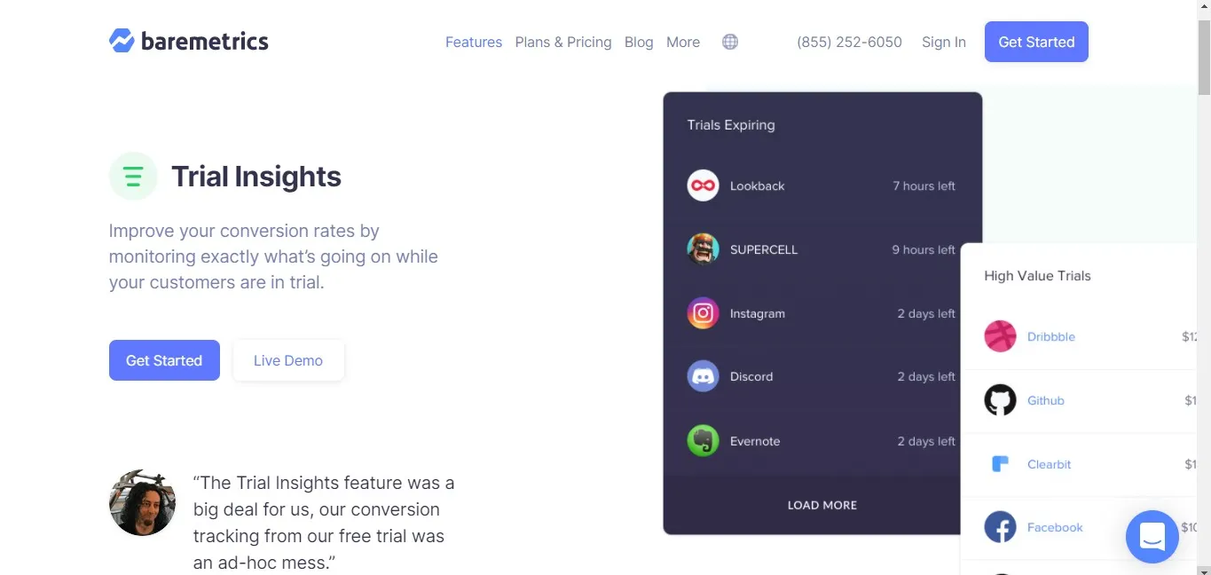 aperçu des essais baremetrics