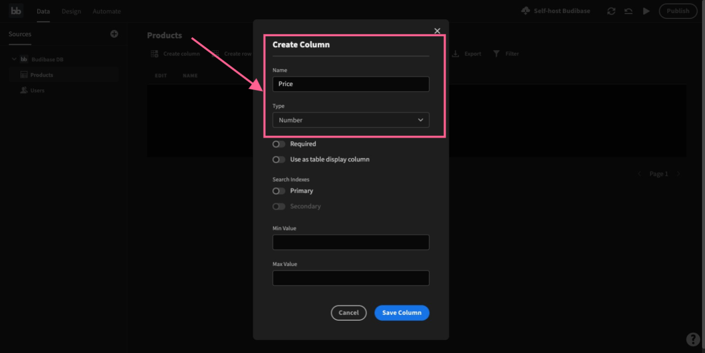 number data type column budibase