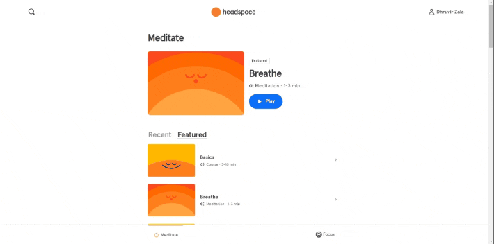 User interface of Headspace