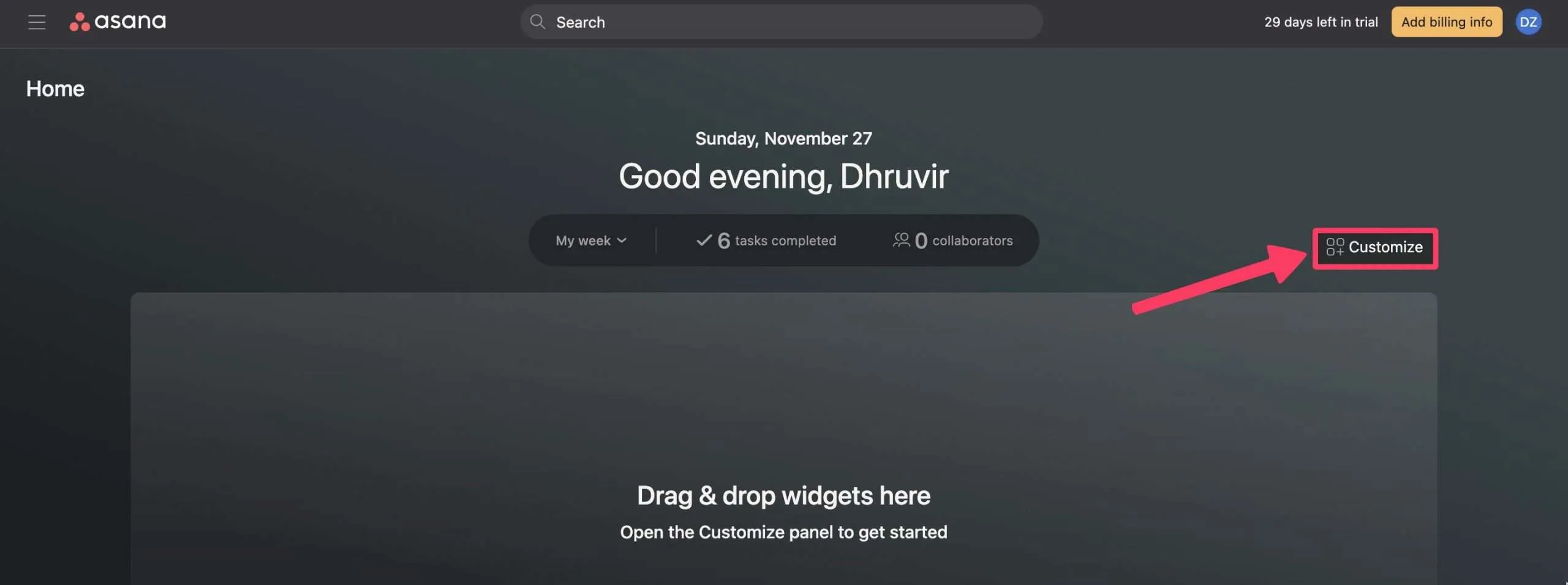 Adăugarea de widget-uri în Asana prin butonul de personalizare