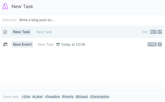 Creating new task using command bar