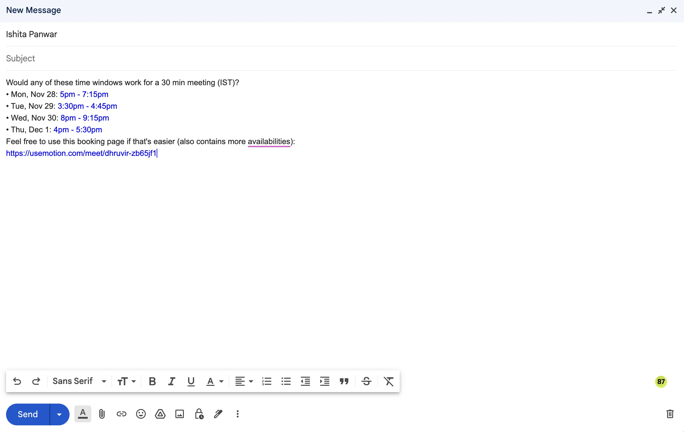 Partajarea disponibilității întâlnirii în Gmail