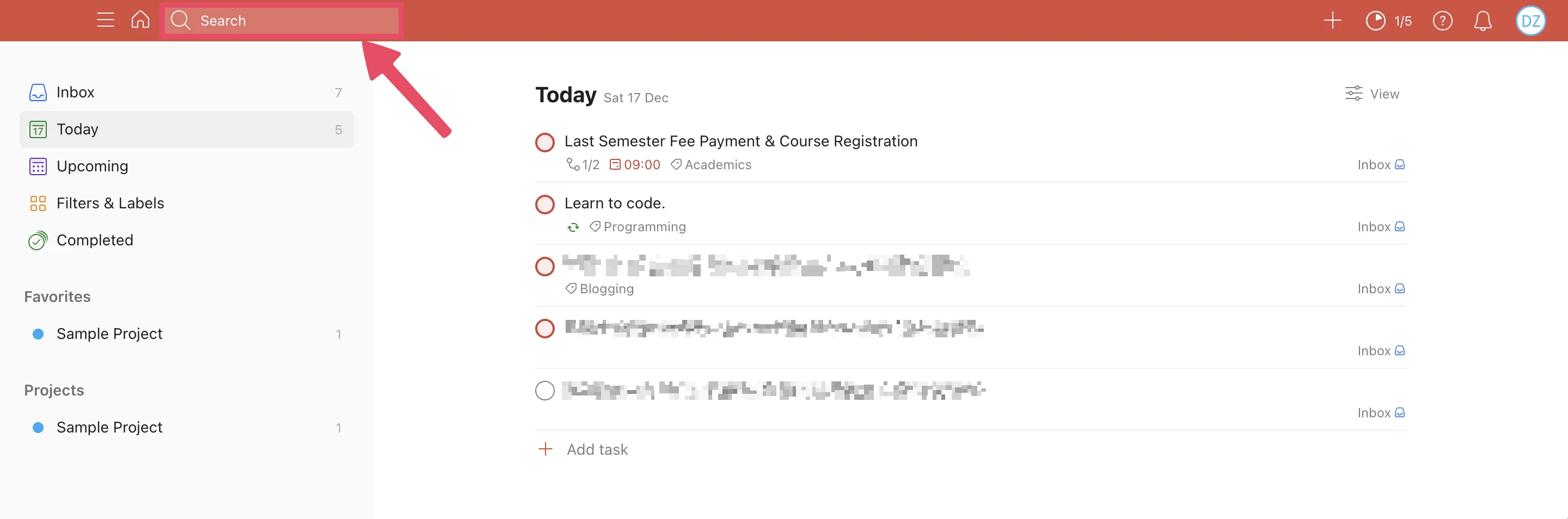 Todoist-gebruikerskoppelvlak