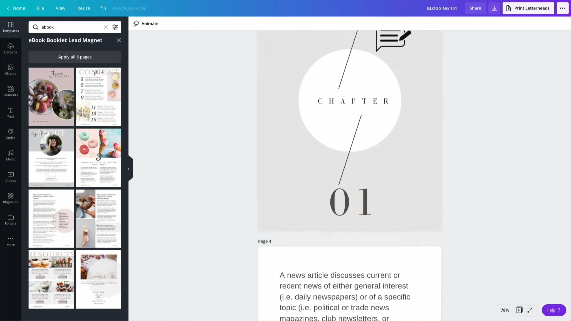 Canva-Benutzeroberfläche für Buchdesign