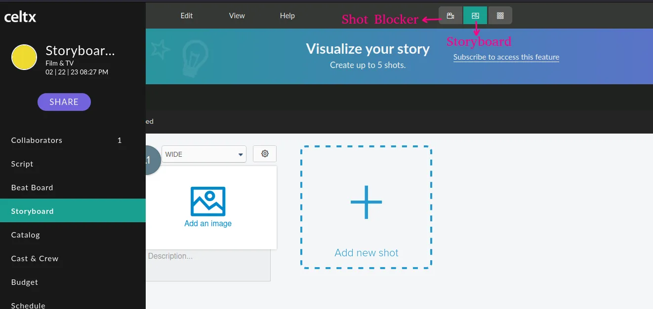 Storyboard ja Shot Blocker -editori Storyboard ja Shot Blocker -editori