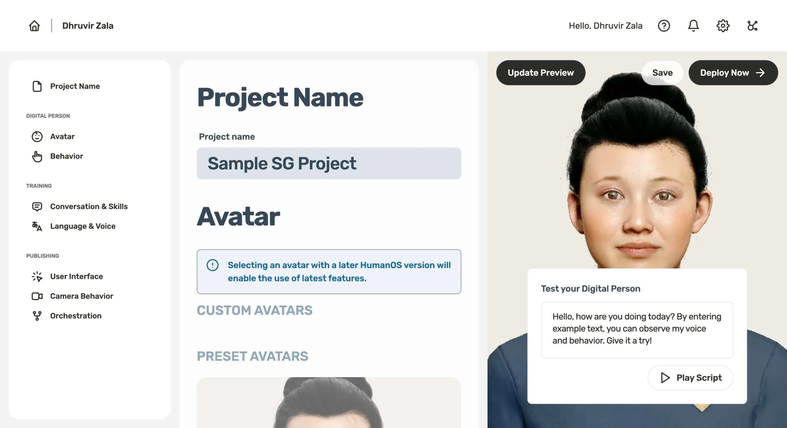 Soul Machine digitaal menselijk projectdashboard