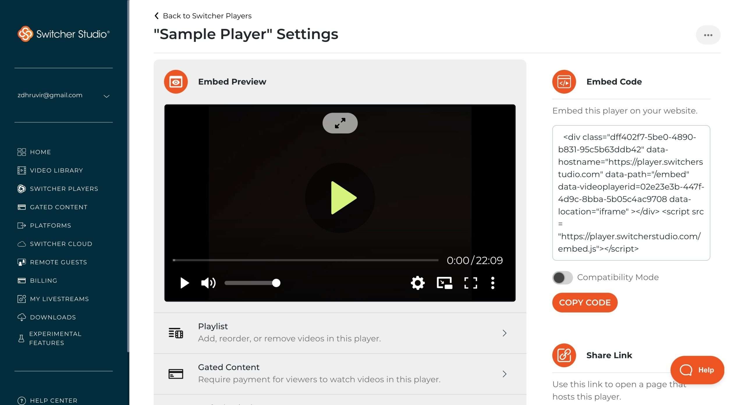 Switcher Player editing page