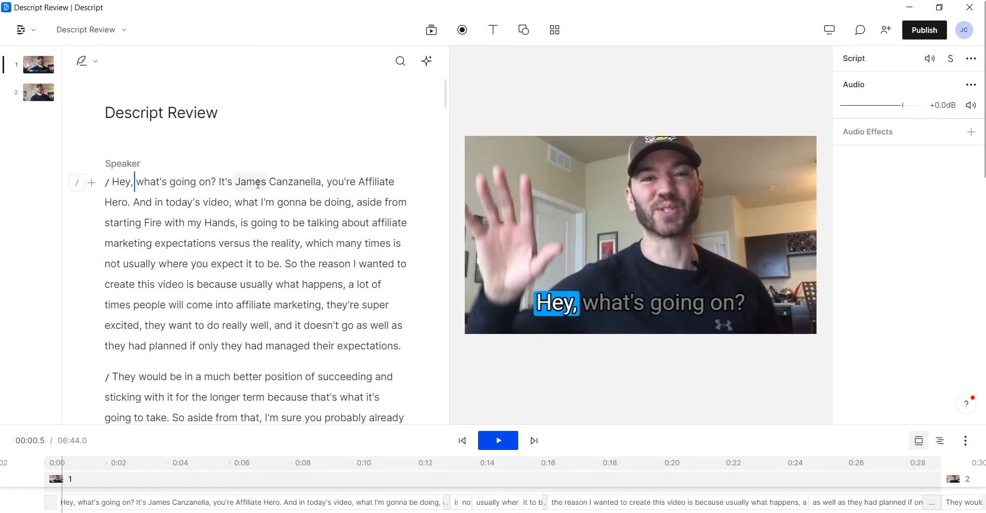 Video podcast editing on Descript