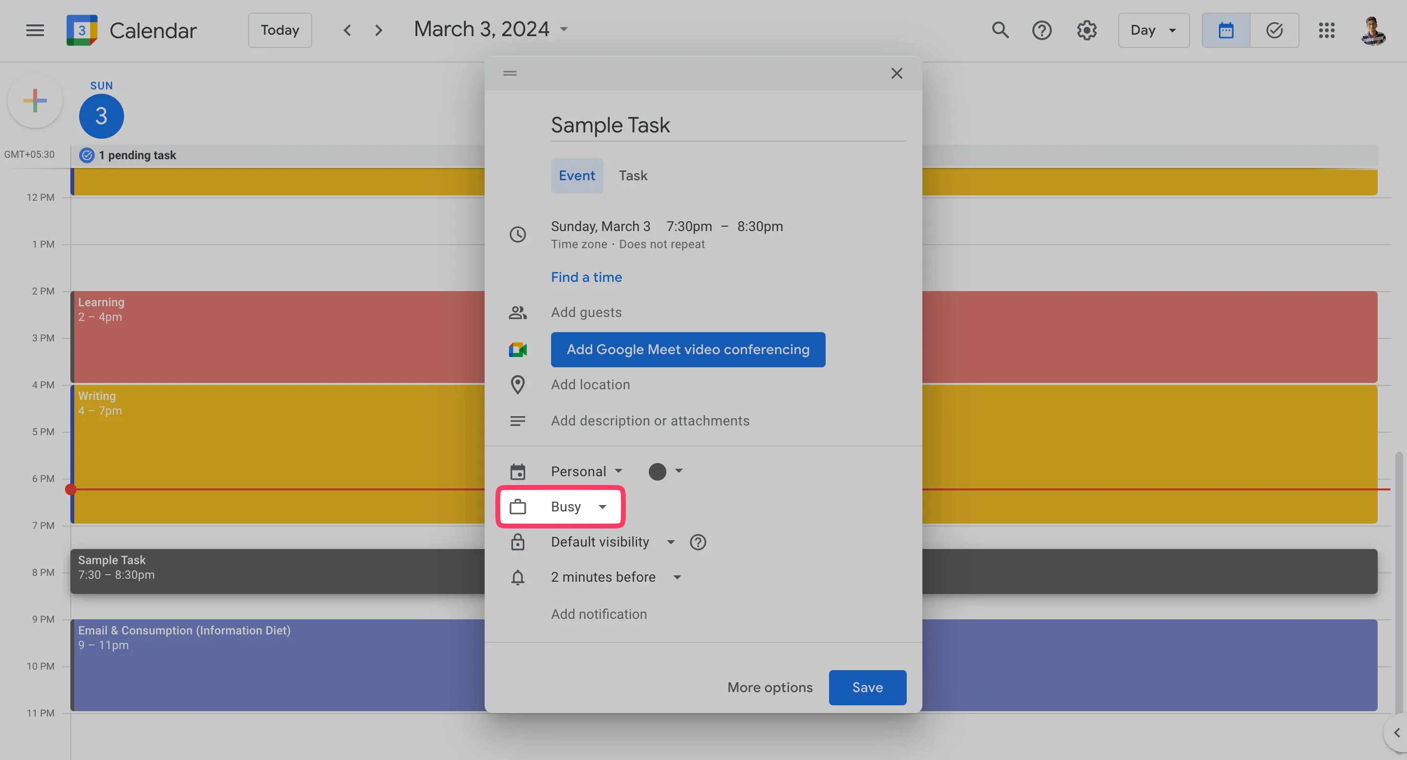 Asetetaan vapaa tai varattu Google-kalenterissa