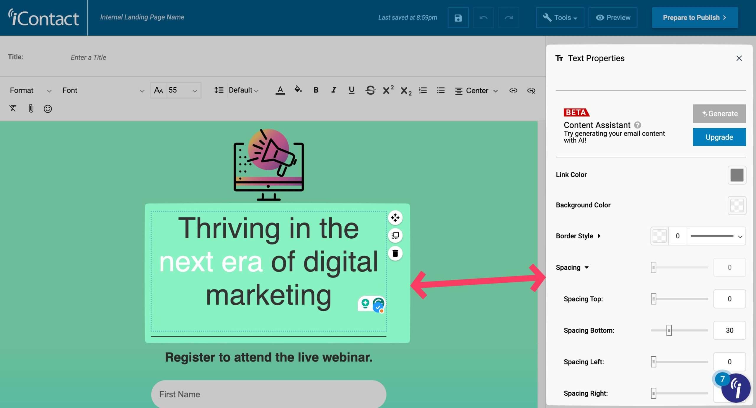 Editing properties in iContact landing page editor