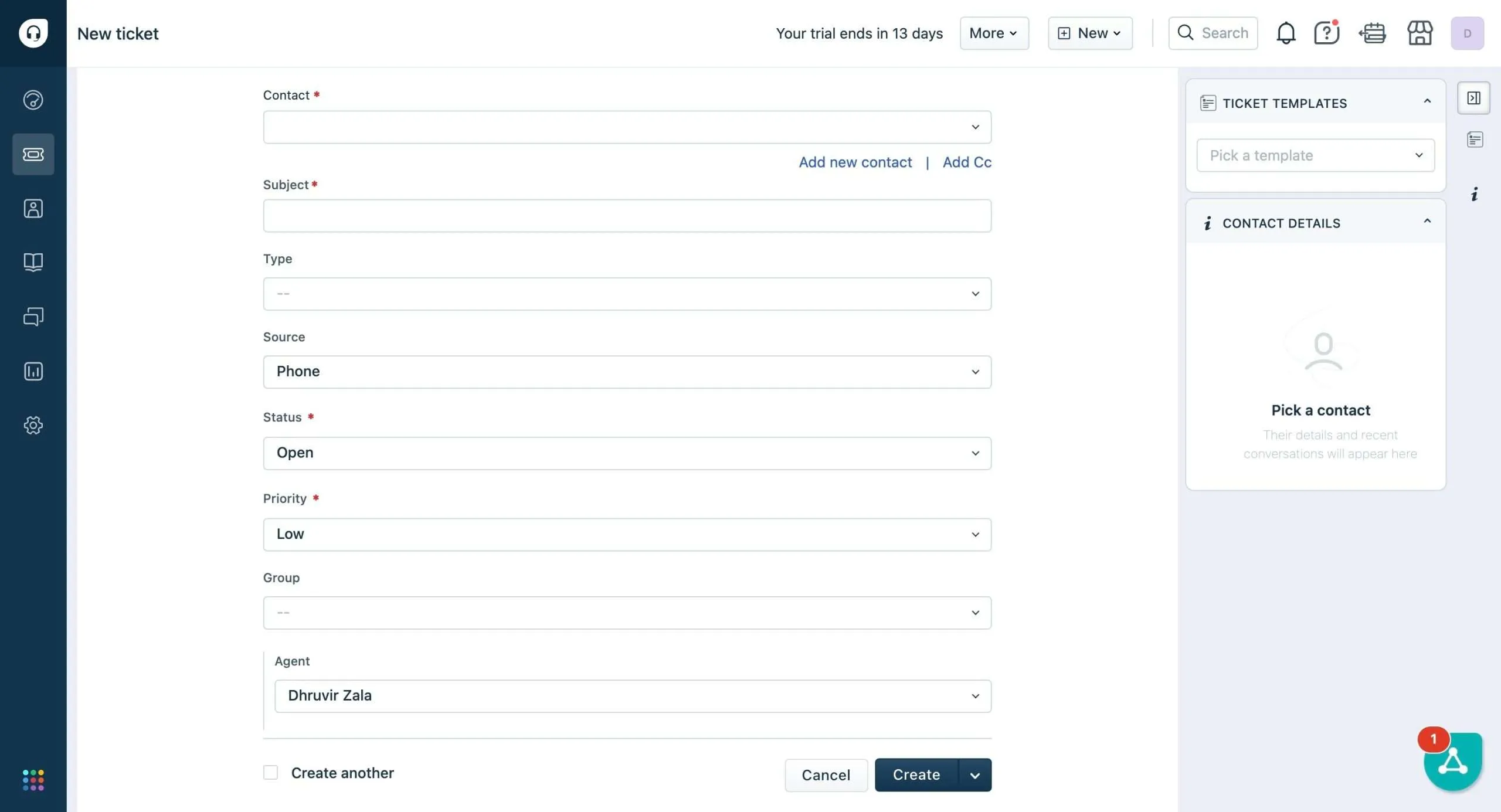 Okno tworzenia biletu w Freshdesk Okno tworzenia biletu w Freshdesk