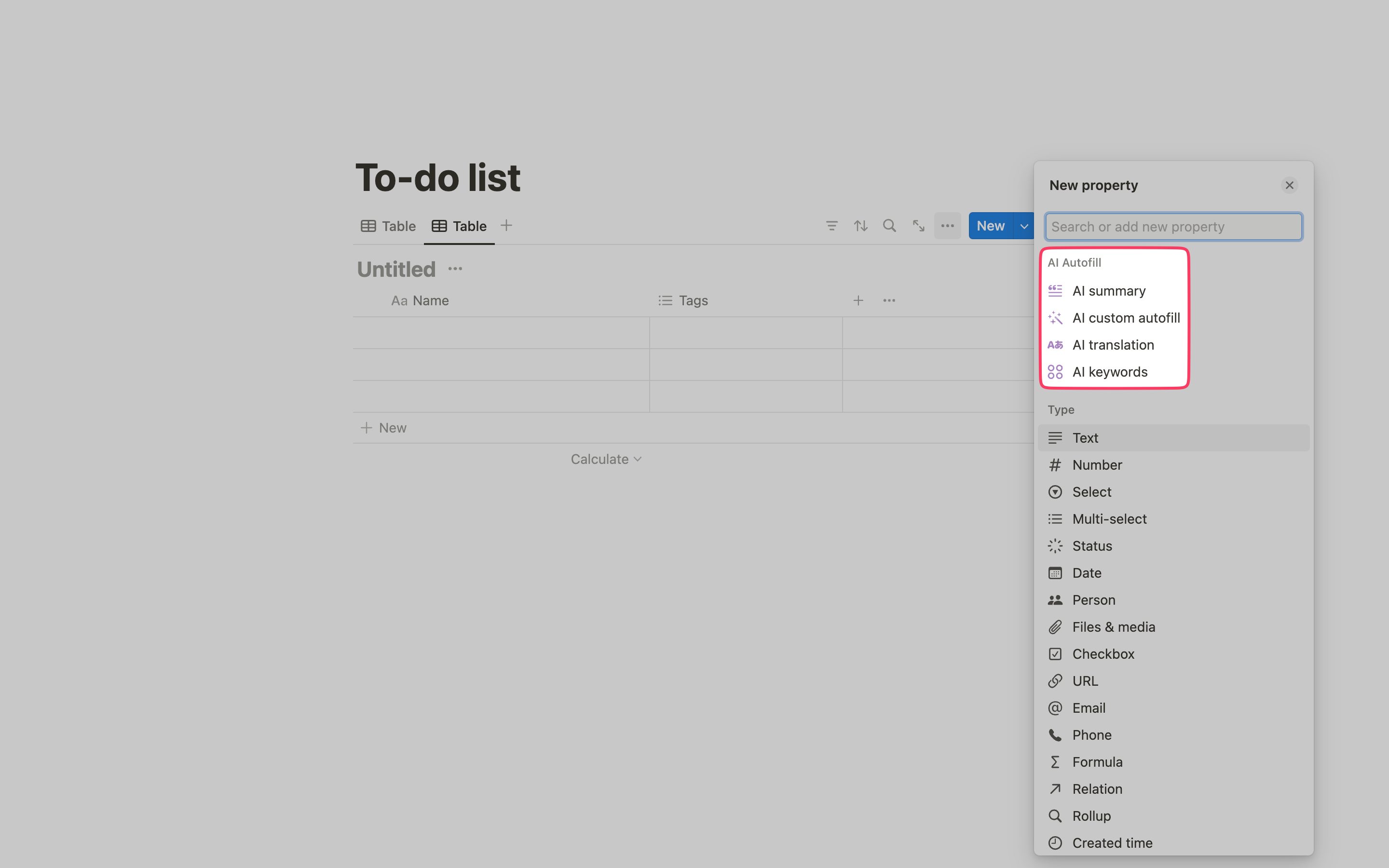 AI autofill property in Notion