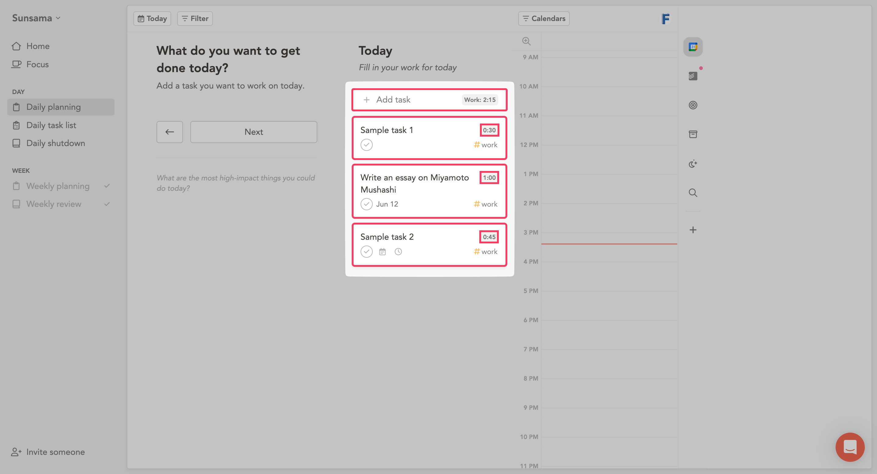 Adding tasks and task time to Daily planning in Sunsama