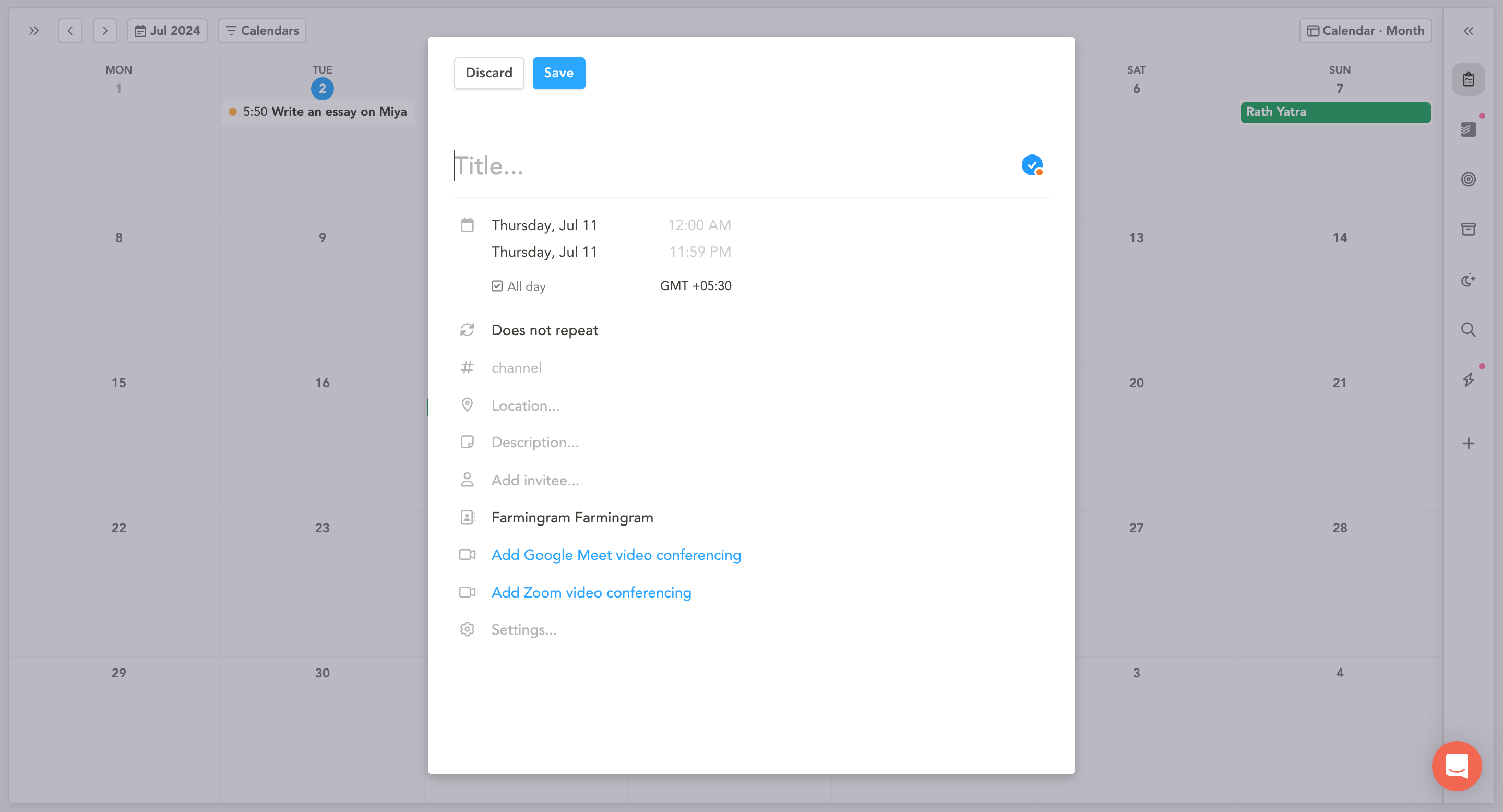 Creating a task or an event inside Sunsama's Calendar View