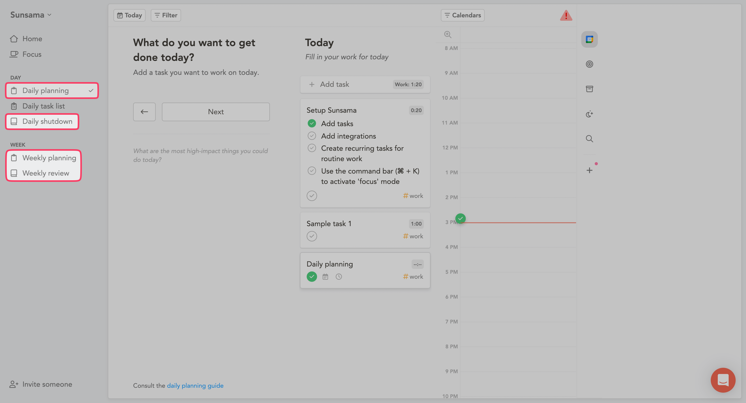Daily and weekly planning anf reflection in Sunsama