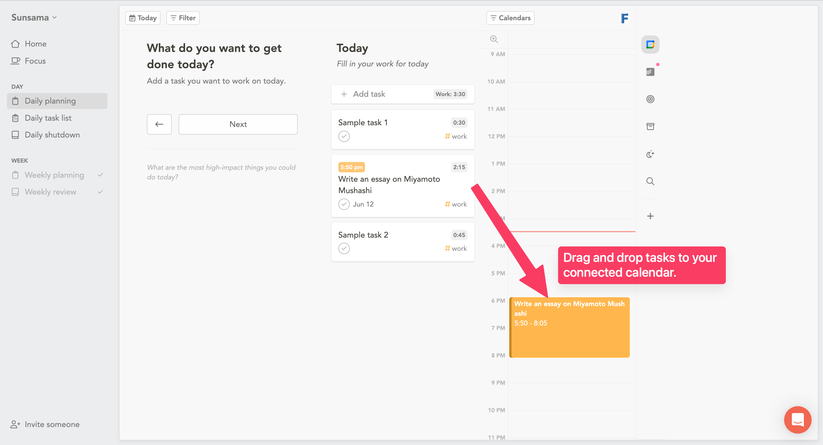 Dragging and dropping tasks to calendar in Sunsama
