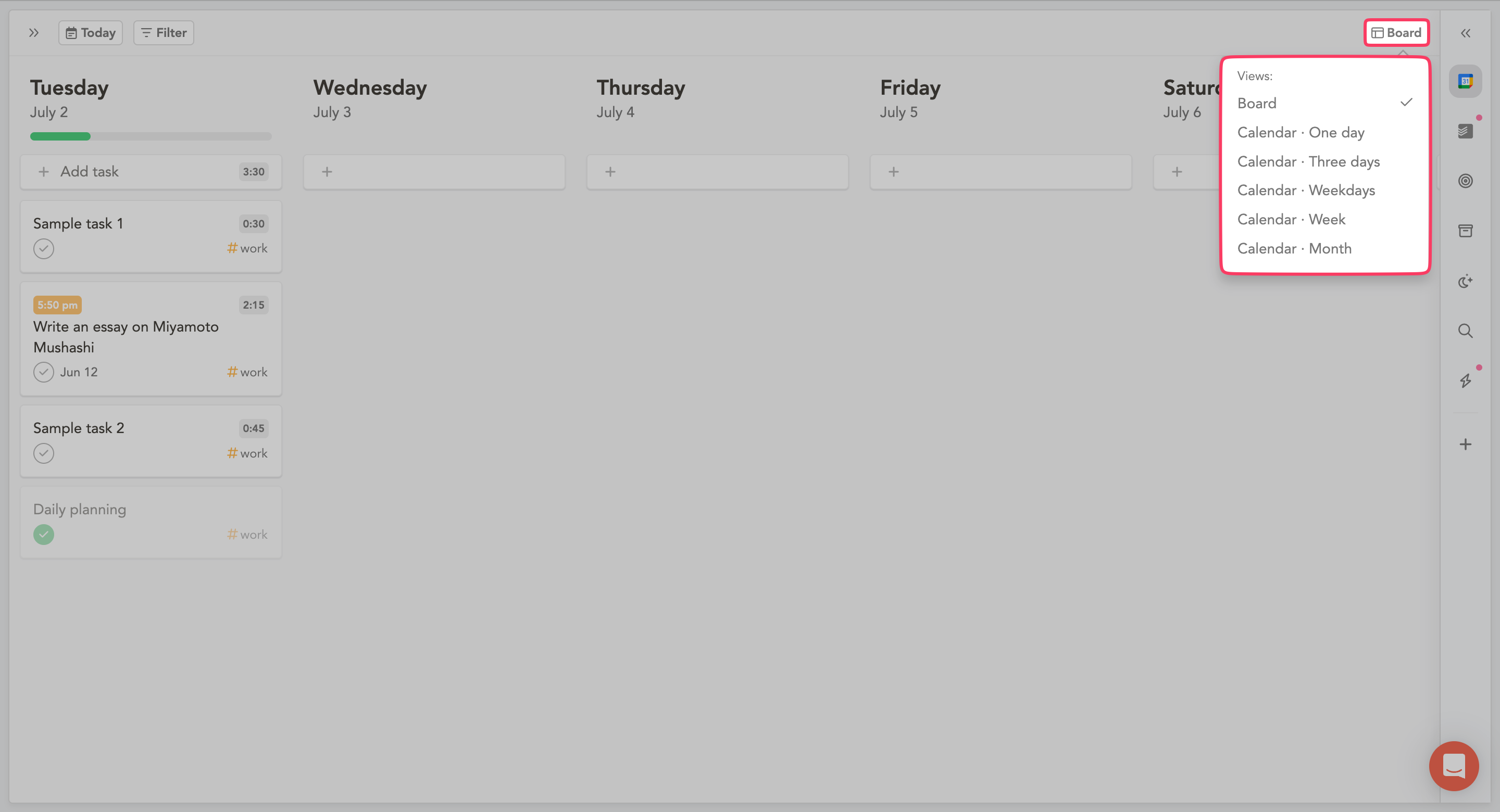 Options to convert board view into calendar view inside Sunsama