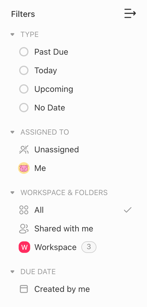 Task filters inside Taskade