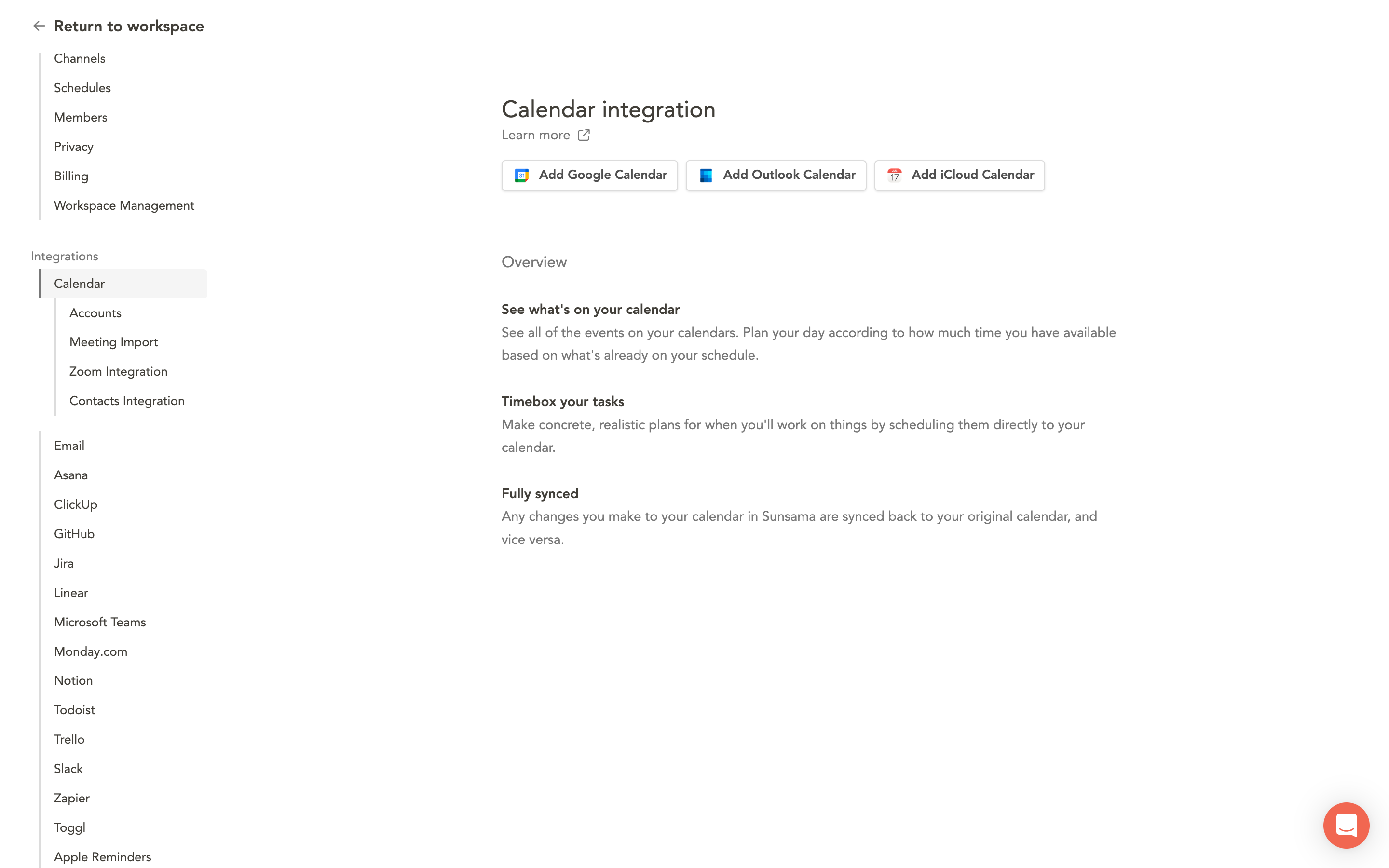 Calendar integrations in Sunsama
