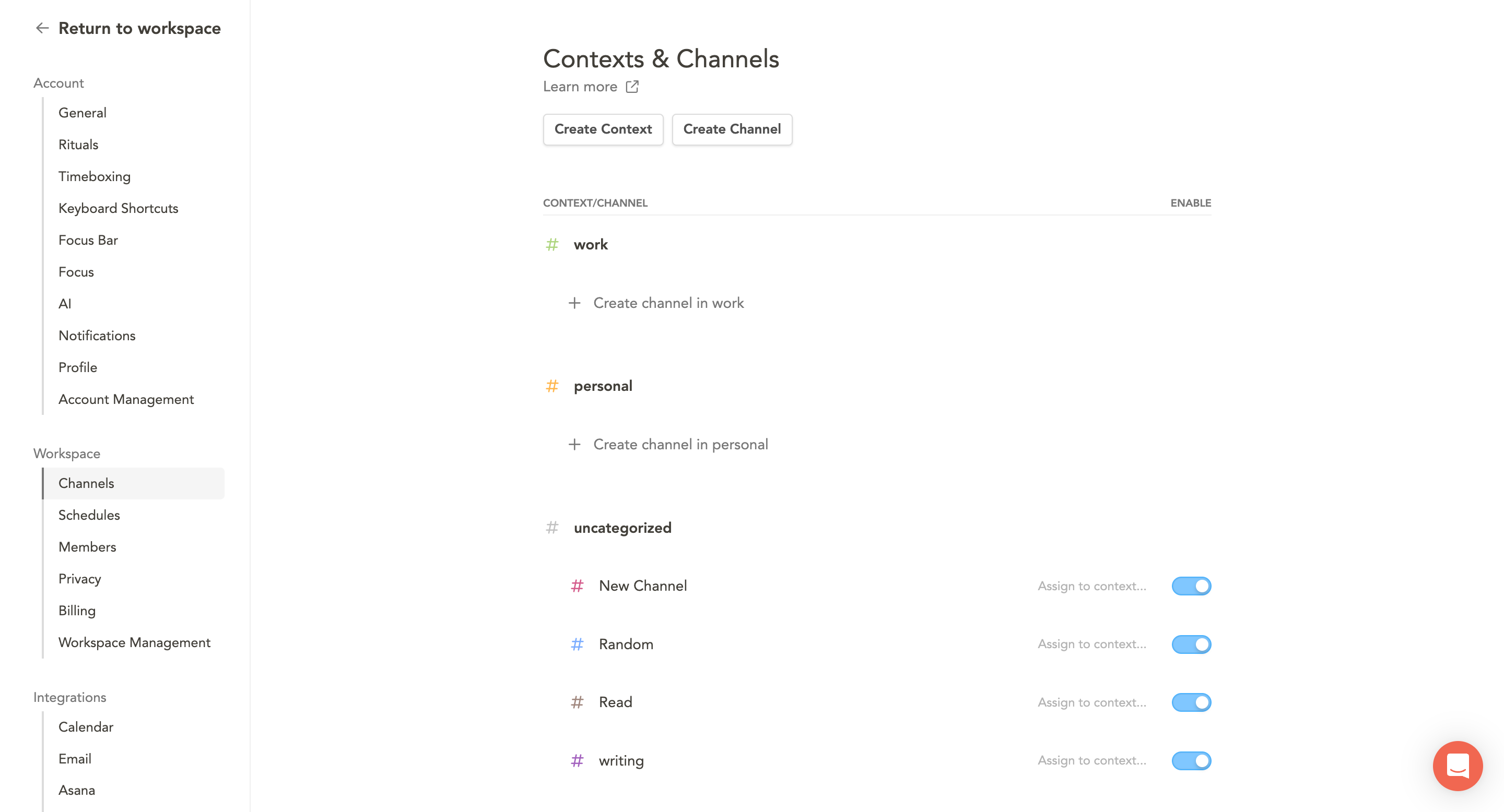 Channels in Sunsama