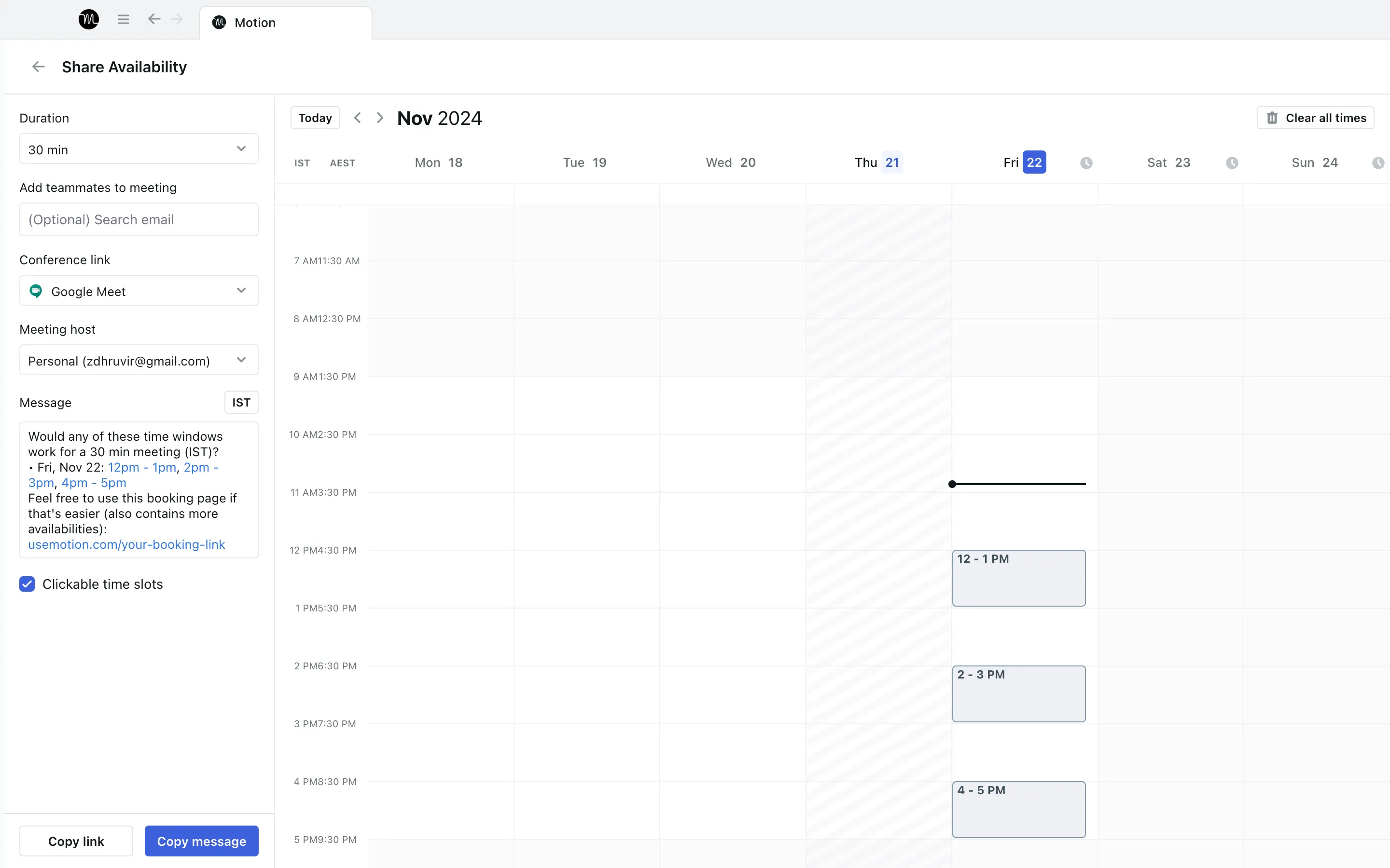 Cómo crear un mensaje de disponibilidad de reunión en Motion