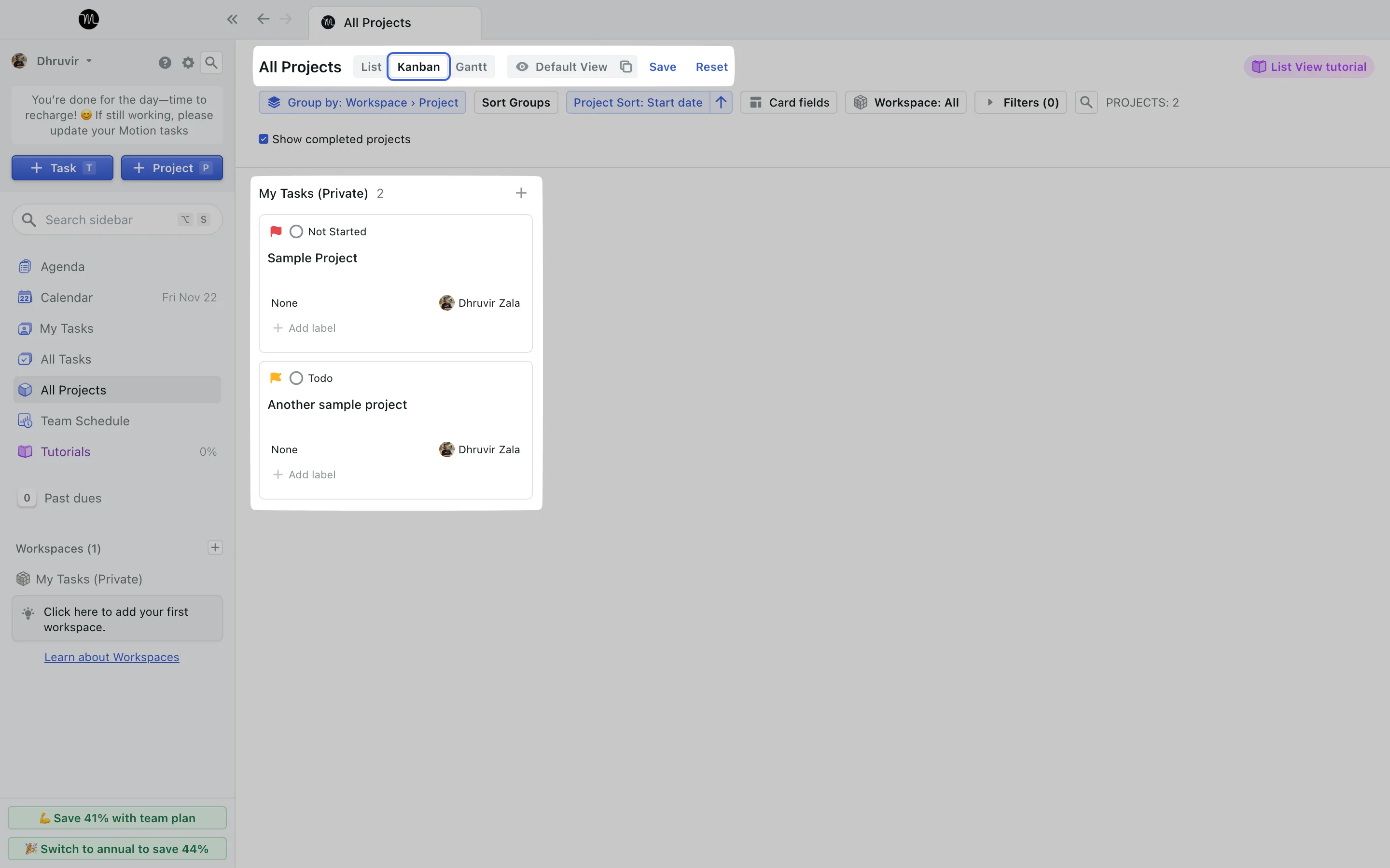 Funciones de gestión de proyectos en Motion