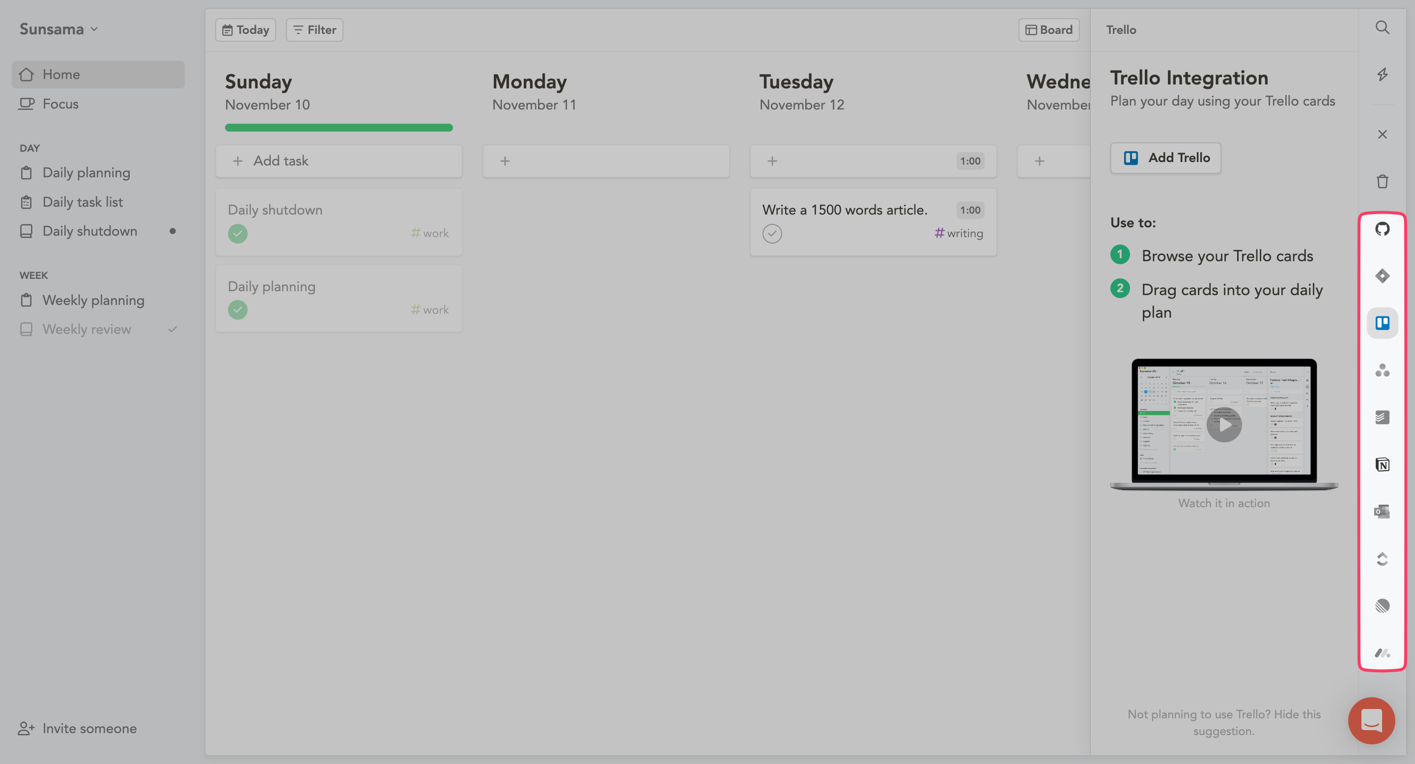 Sunsama's third party integrations