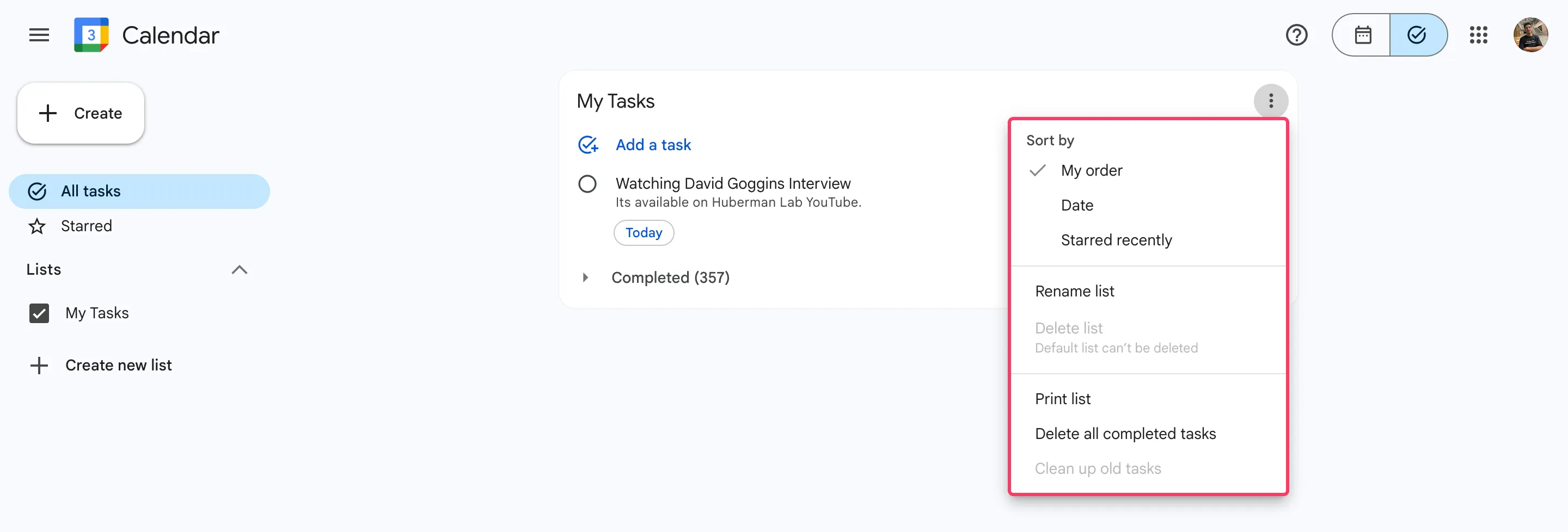 Sortieroptionen in Google Tasks