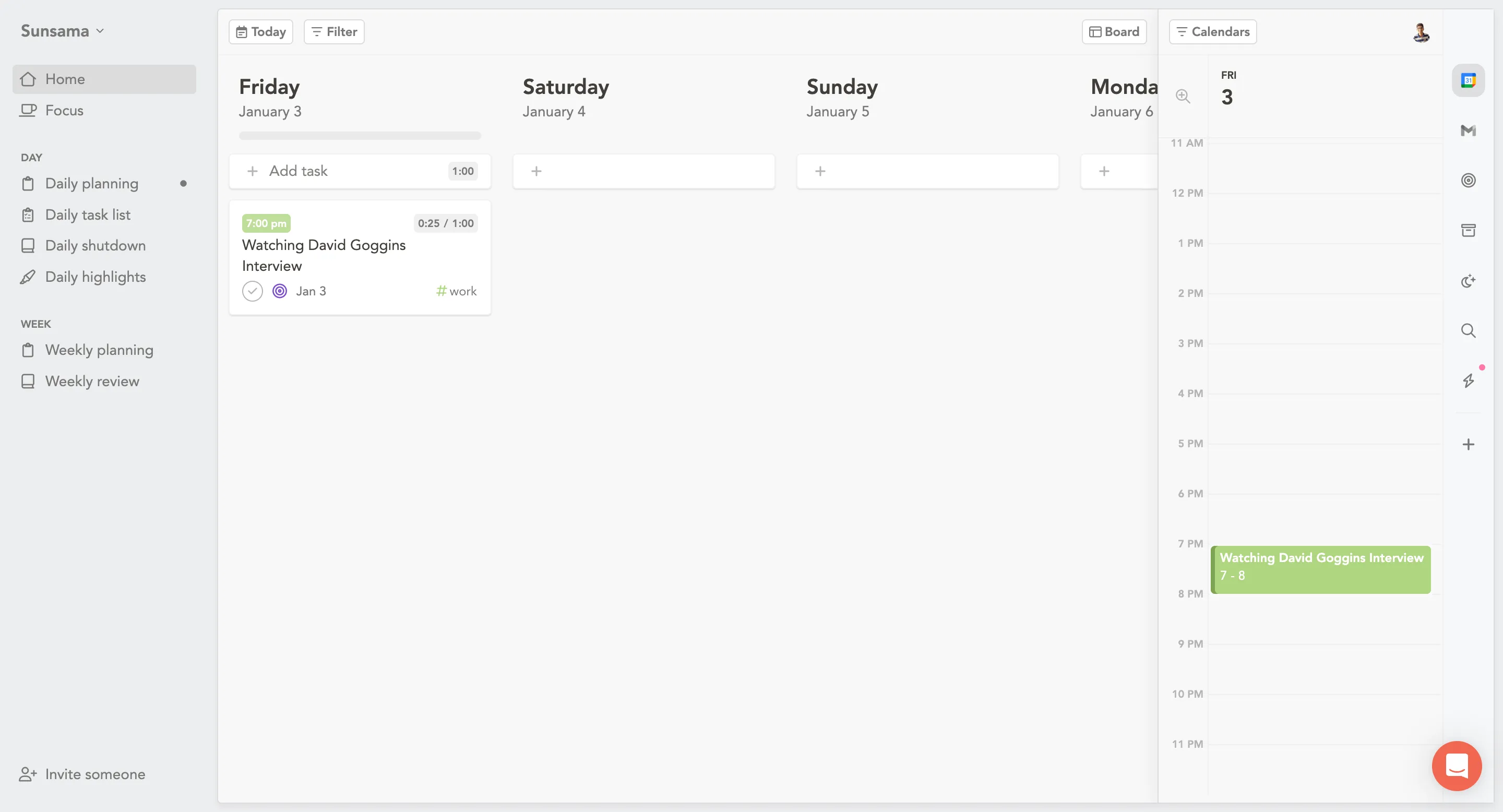 Zeitblockierung in Sunsama mit Google Kalender