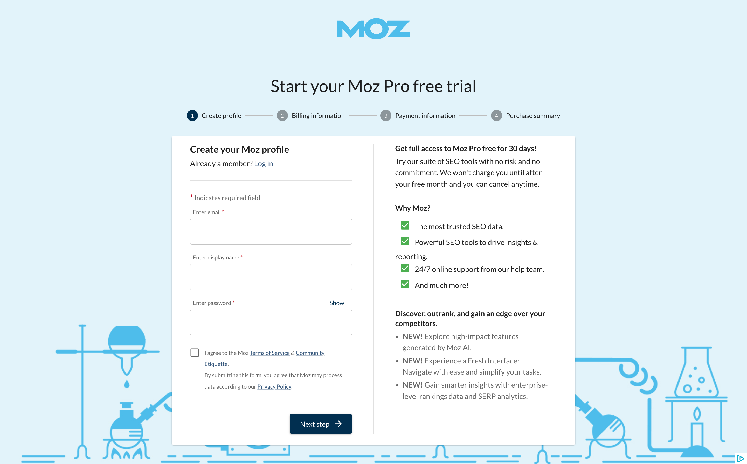 Onboarding iniziale di Moz Pro