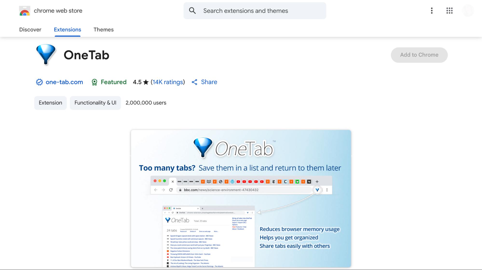 OneTab Homepage Screenshot