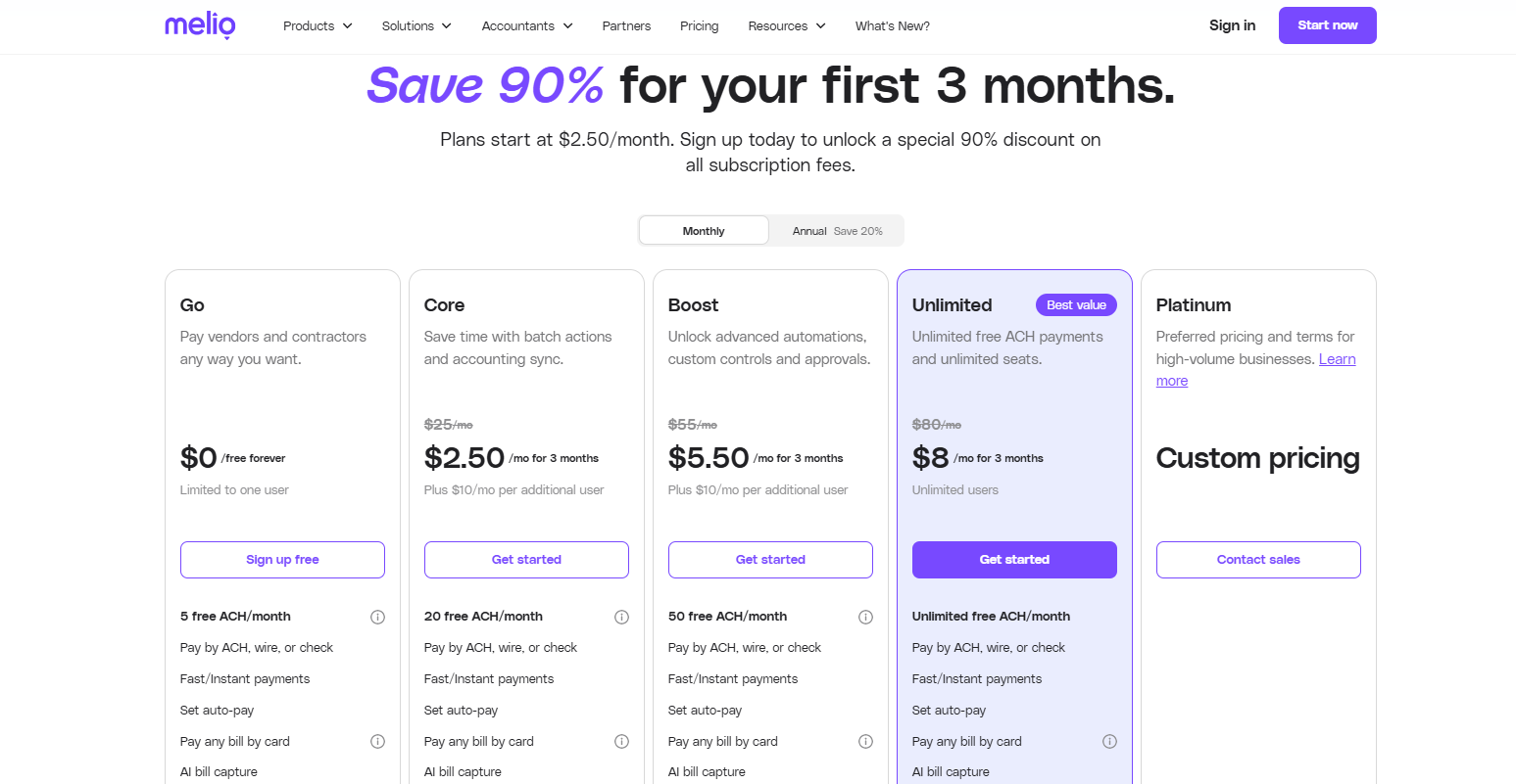 Screenshot Melio pricing