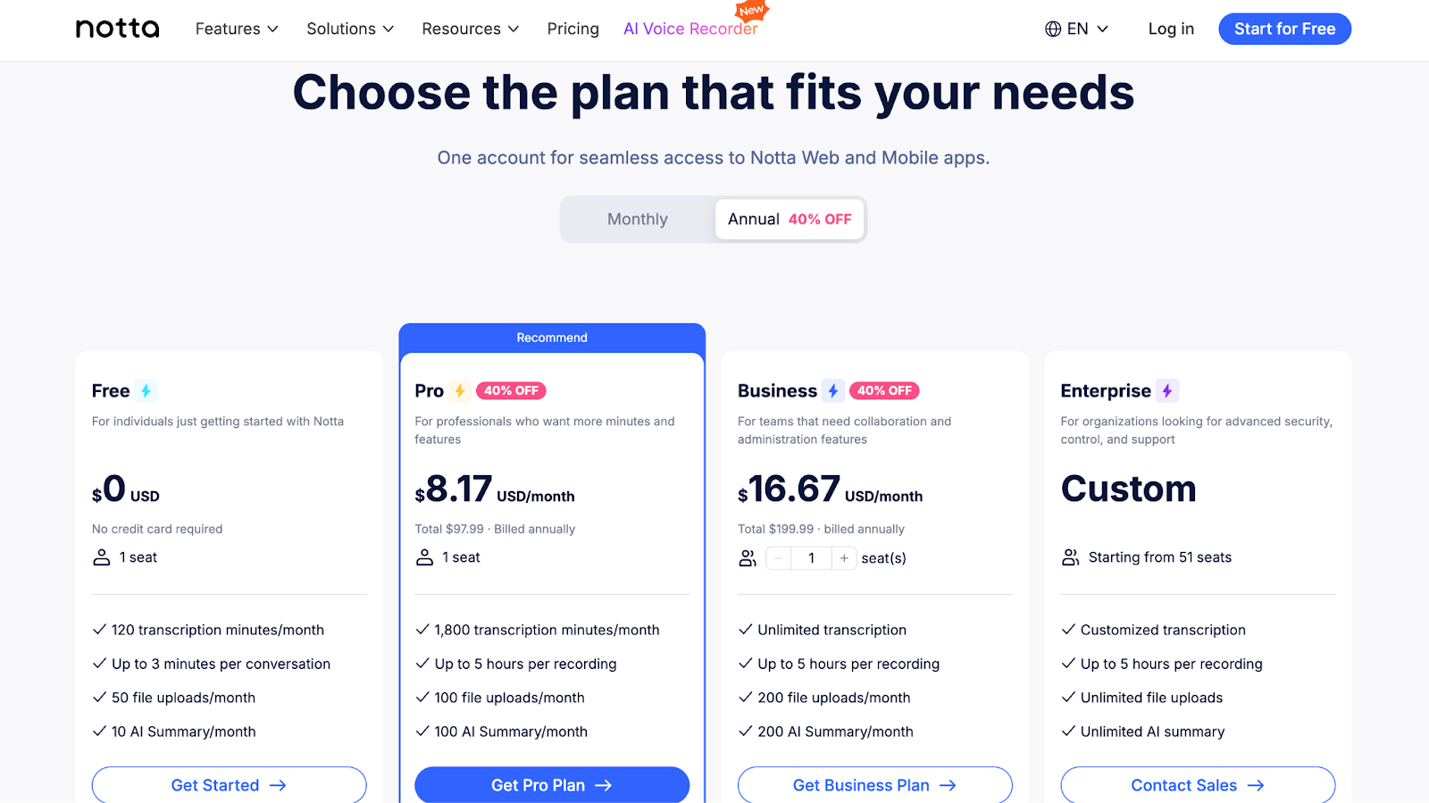 Notta pricing