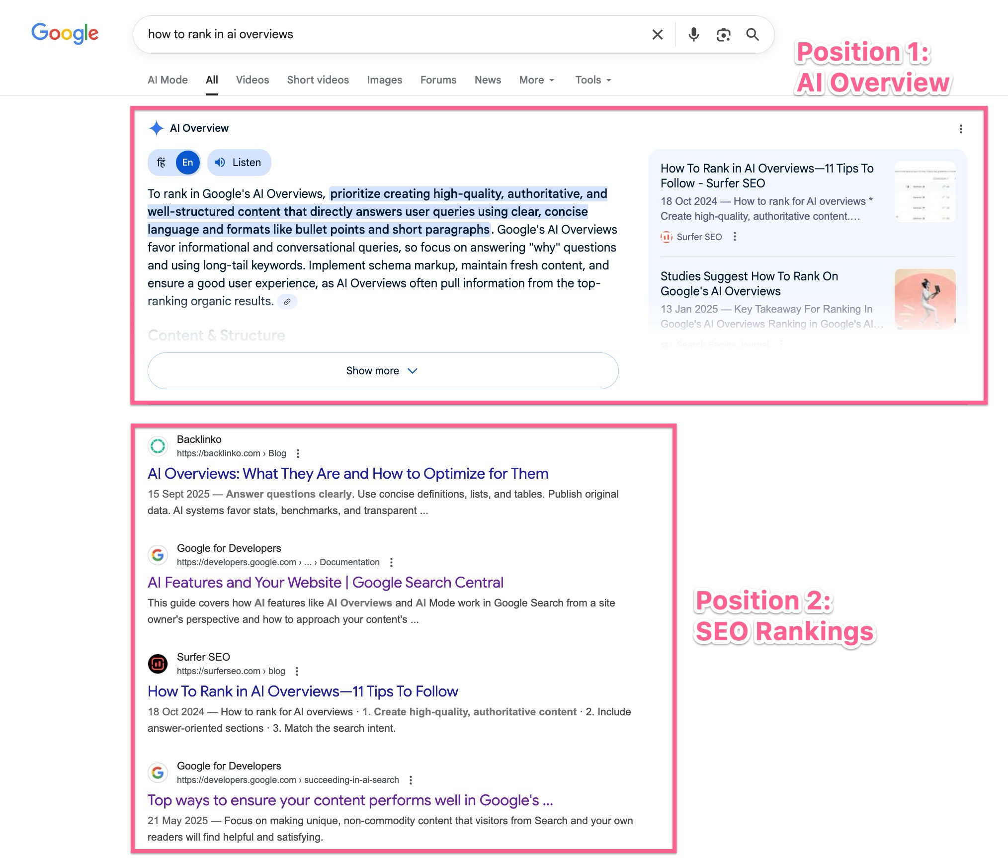 AI Overview vs Top Articles position AI Overview vs Top Articles position