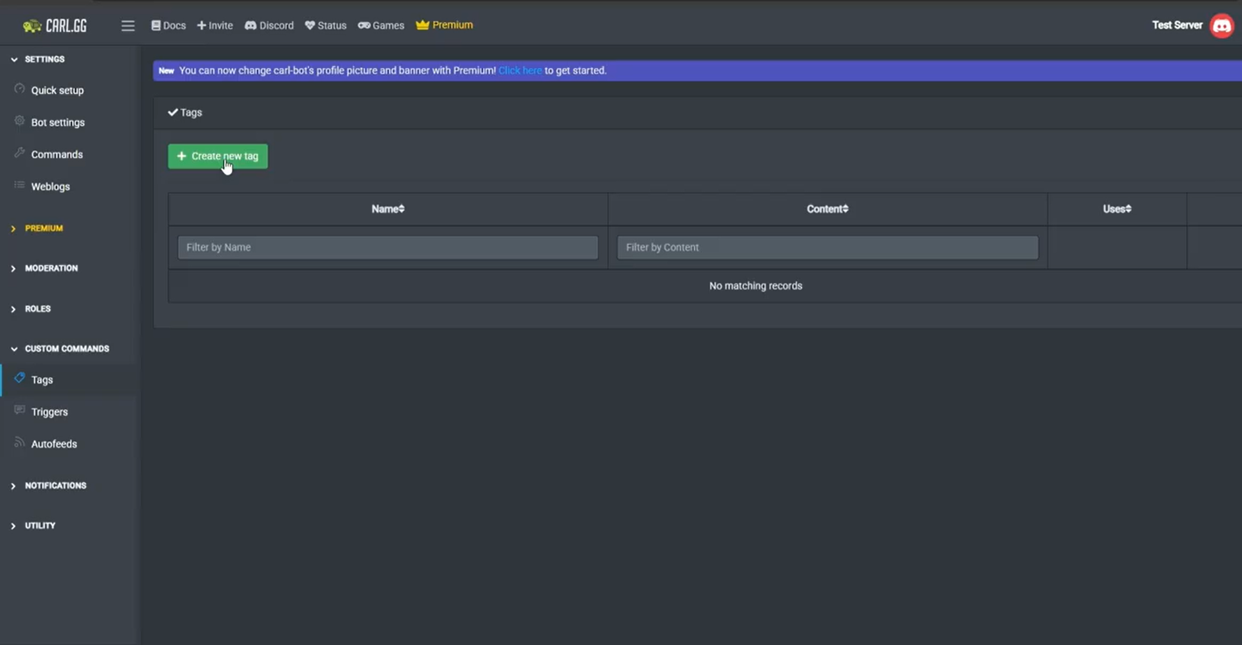 create custom tags custom commands