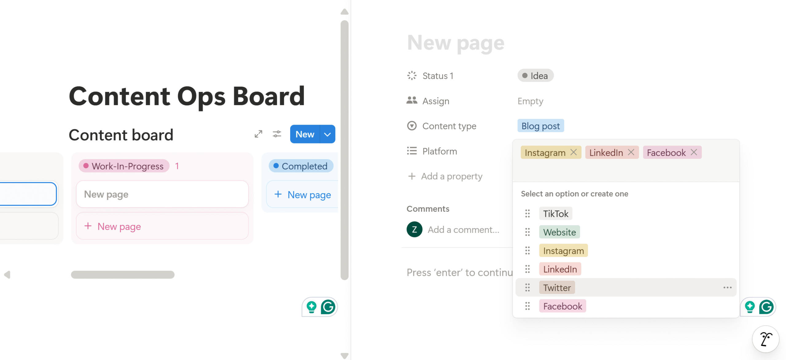 how to create tasks in content ops board