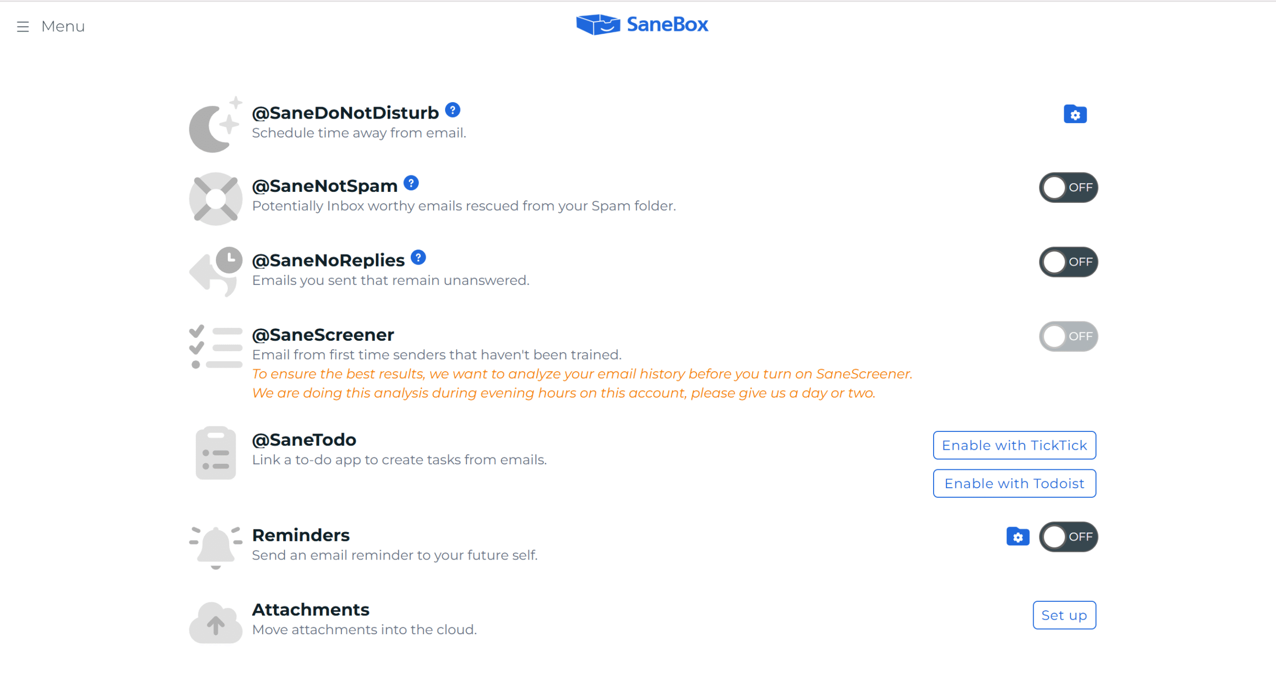 SaneBox settings SaneBox settings