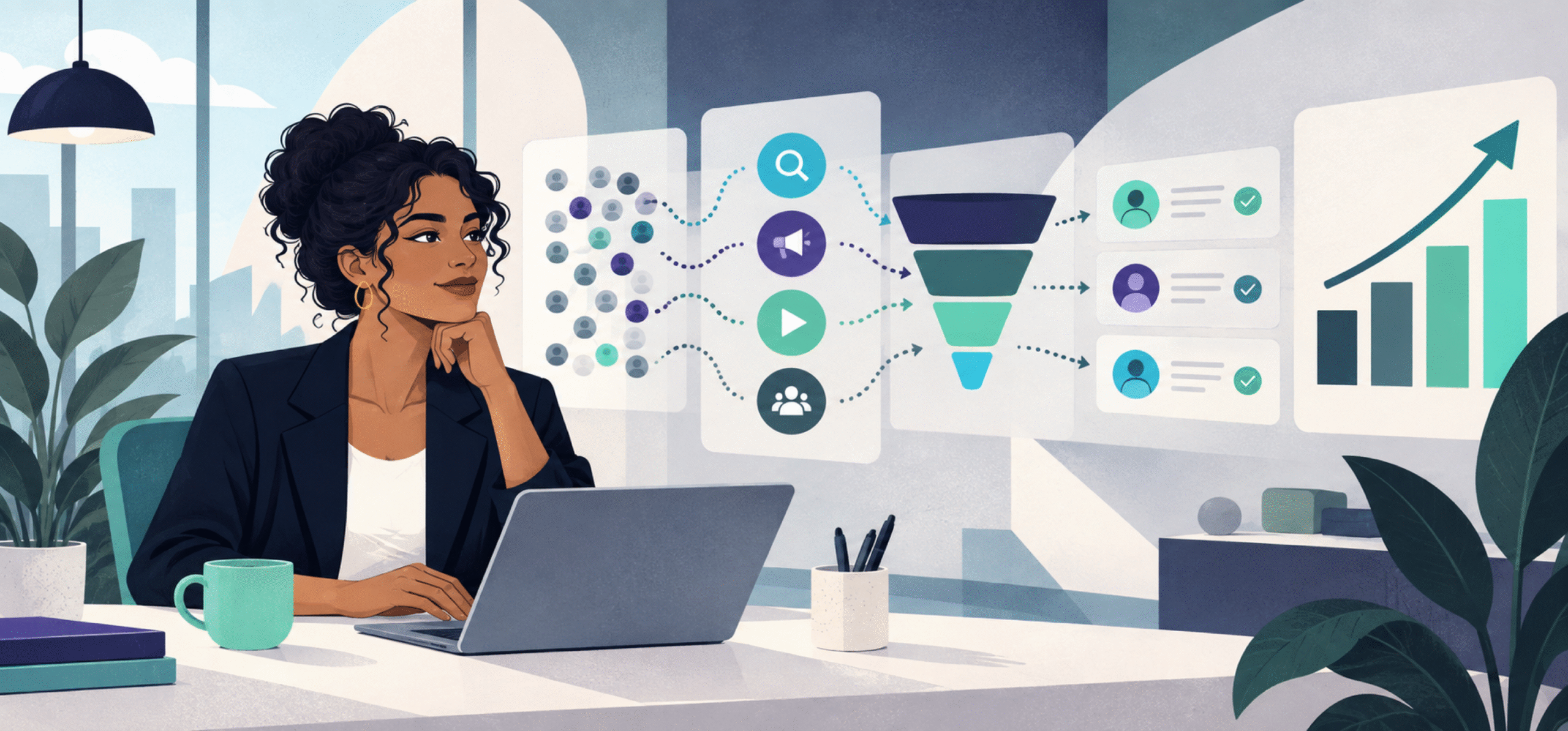 Marketing analyst reviewing a lead tracking funnel and qualified prospects