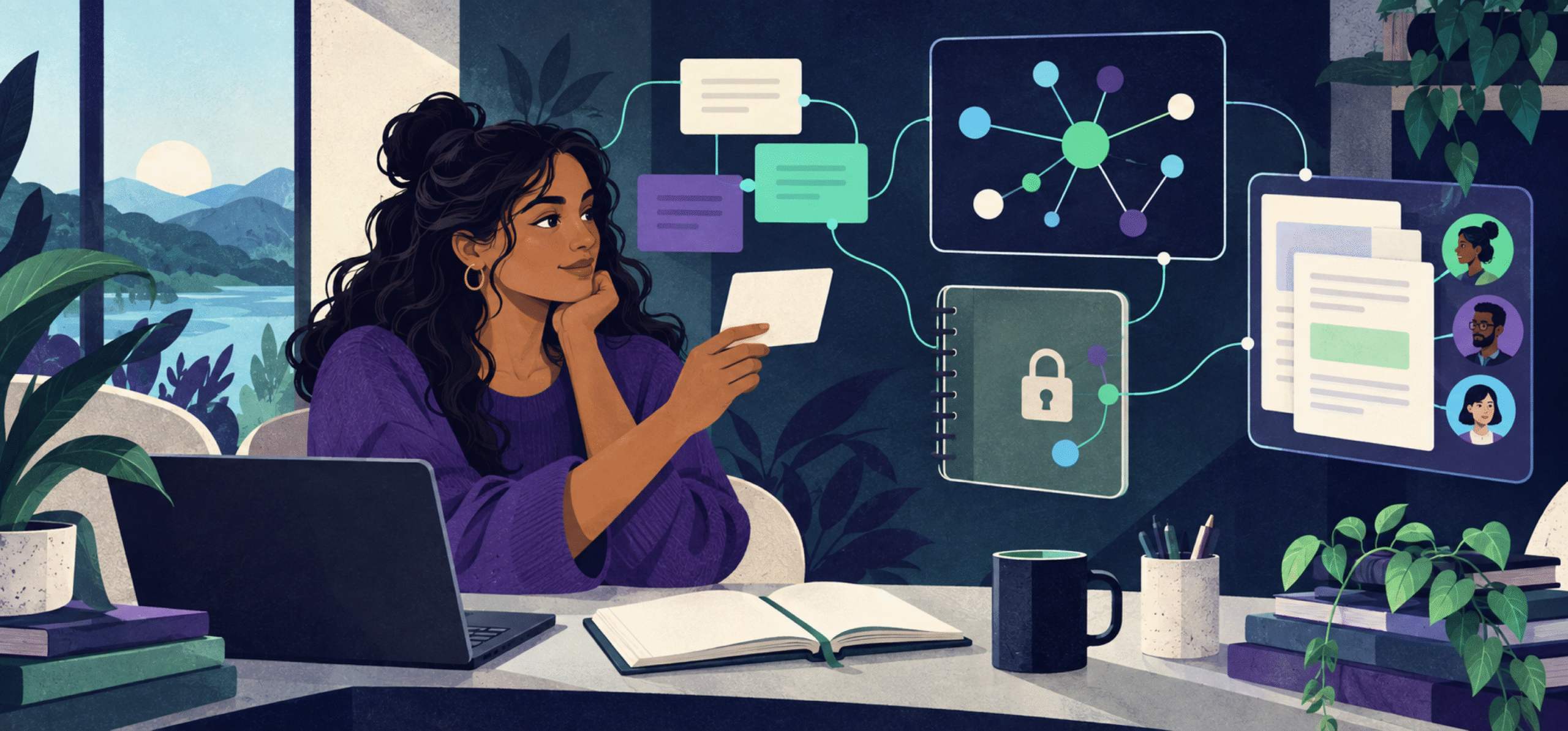 Illustration of a note-taking workspace comparing Obsidian alternatives