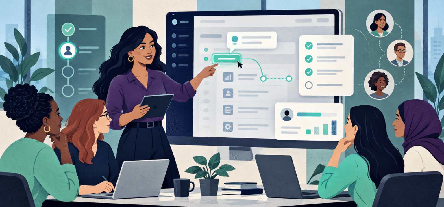 Team learning business software with digital adoption guidance and onboarding