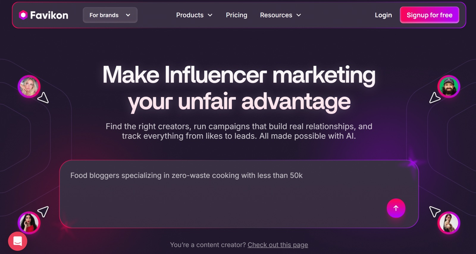 Favikon AI creator search interface for influencer discovery