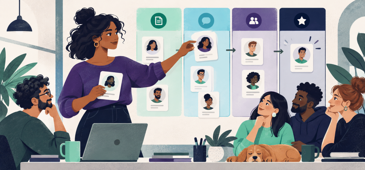 Small team managing candidates through a visual hiring pipeline without an ATS