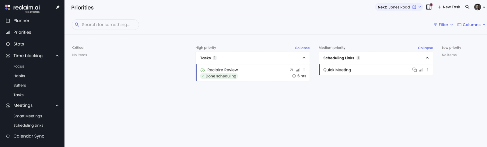 Reclaim AI dashboard showing prioritized tasks scheduled on a calendar