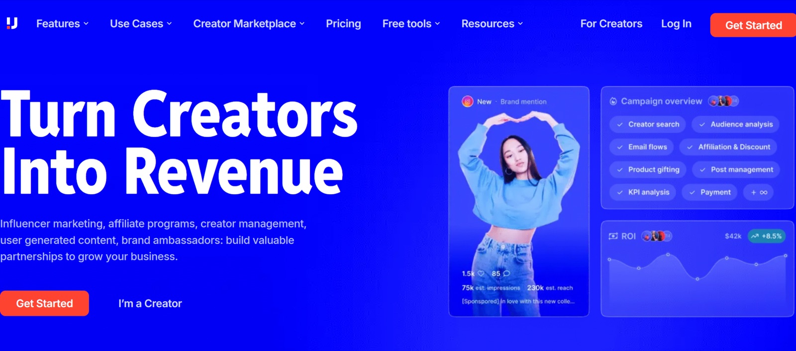 Upfluence influencer marketing dashboard with creator campaign and ROI panels
