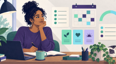 Woman organizing a weekly review with tasks, reflection, and planning