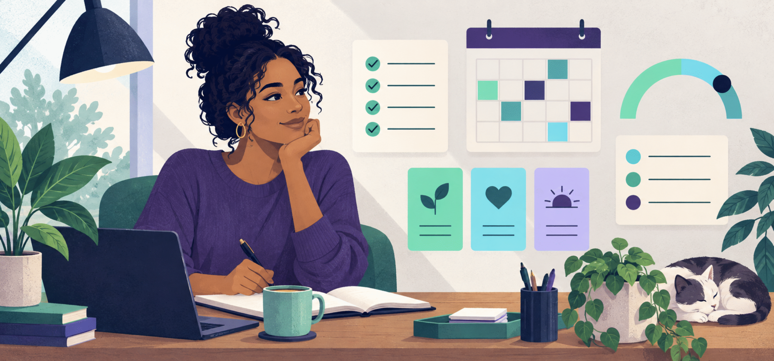 Woman organizing a weekly review with tasks, reflection, and planning